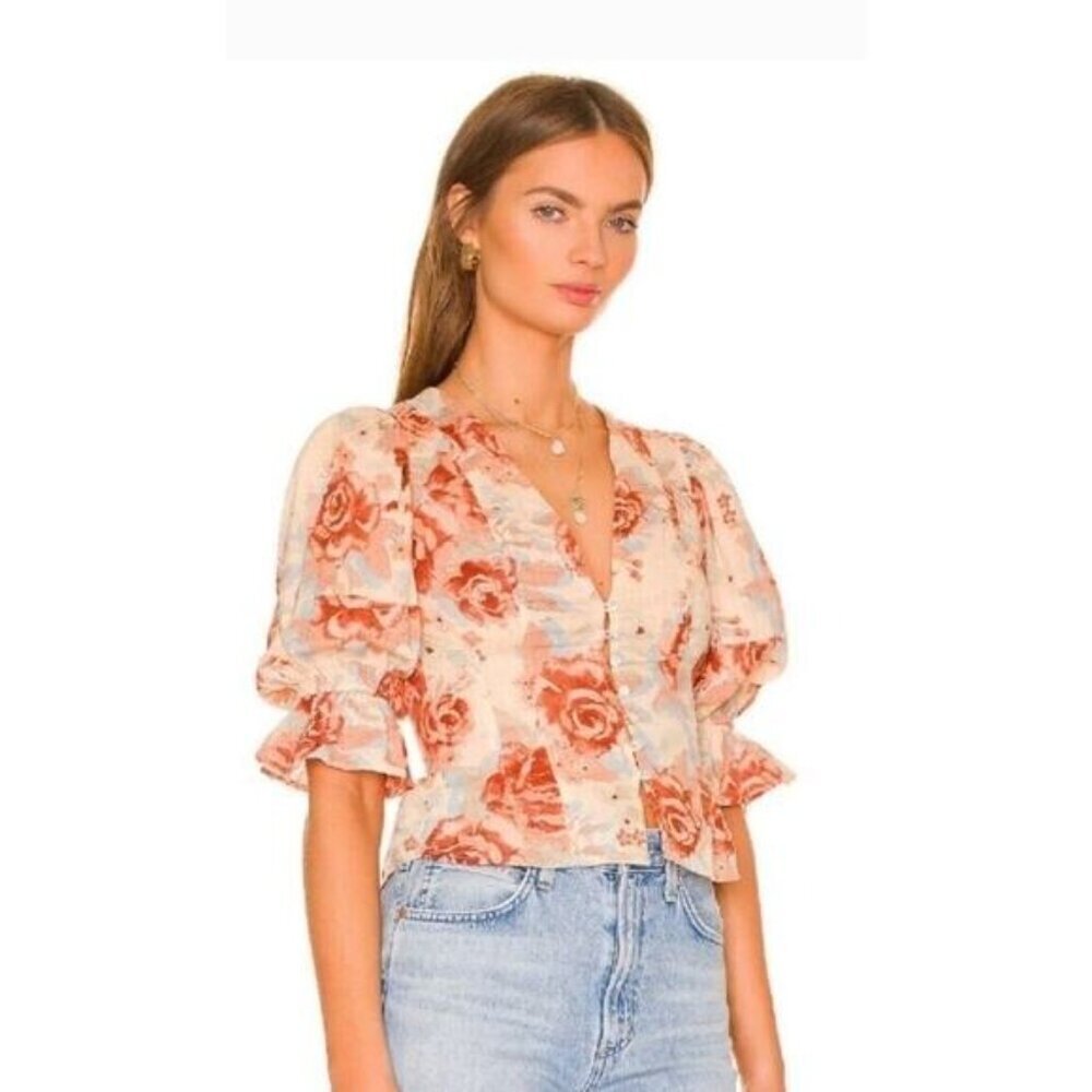 Free People I Found You Puff Sleeve Button Front Floral-Printed Top Size Small - Picture 6 of 13